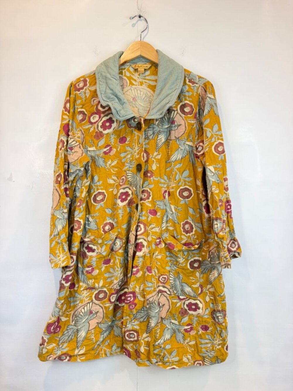 April Cornell Women's Velvet Corduroy Dove Print Duster Jacket Size Large Yellow